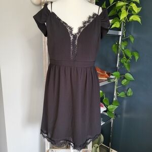 Wayf Black Drop Shoulder Mini Dress Lace Trim Large
